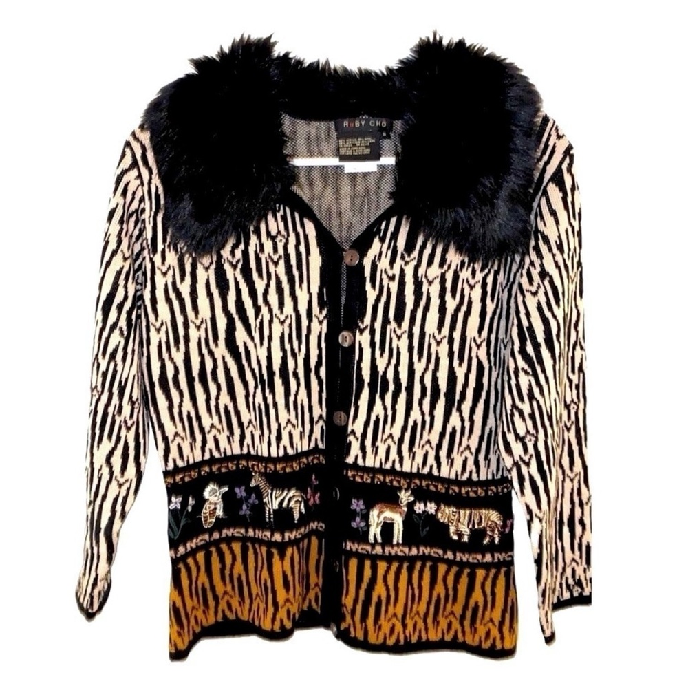 Vintage RuBY CHō Embroidered Animal Wool Cardigan Detachable Faux Fur Collar
